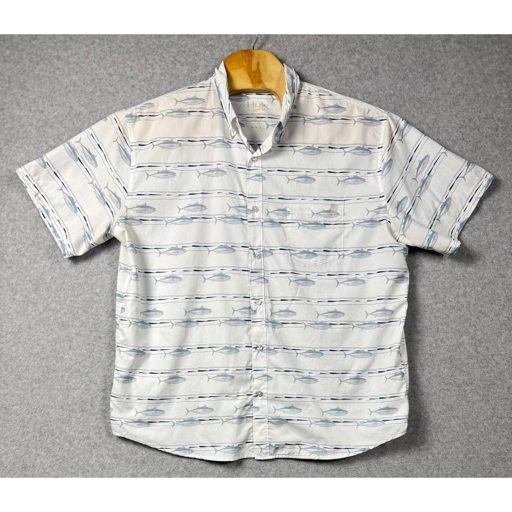 Huk Mens XL Short Sleeve Button Down Fishing Shirt White Blue Tuna Fish Print